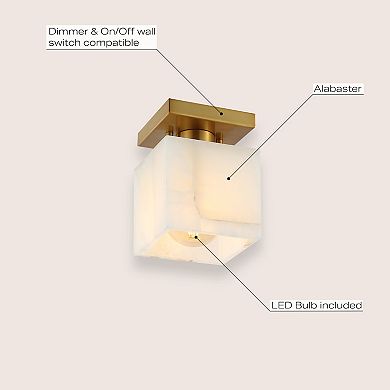 Alessia 5" 1-light Modern Contemporary Alabaster/iron Cube Led Semi Flush Mount, White Marbling
