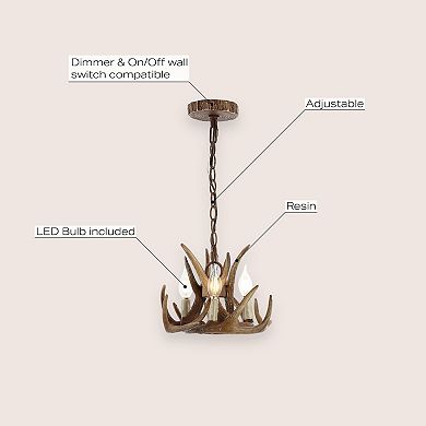 Nelle 11.5" Adjustable Resin Antler 3-light Led Chandelier, Brown