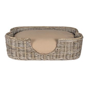 Scallop 27" X 18.25" Tropical Handwoven Rattan Dog Bed With Machine Washable Cushion