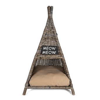 Tiki Tent 20" X 20" Coastal Handwoven Rattan Cat Bed With Machine-washable Cushion
