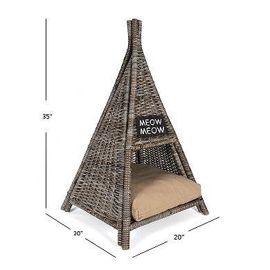 Tiki Tent 20" X 20" Coastal Handwoven Rattan Cat Bed With Machine-washable Cushion