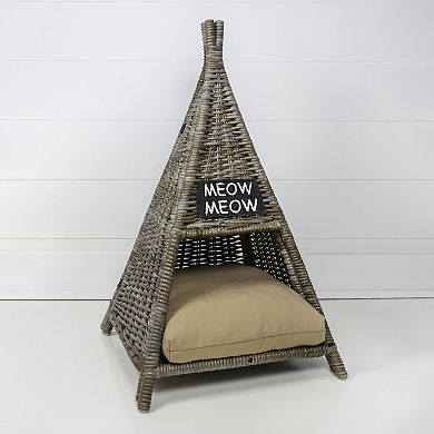 Tiki Tent 20" X 20" Coastal Handwoven Rattan Cat Bed With Machine-washable Cushion