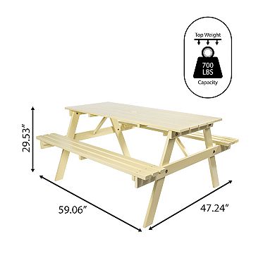 Bizepi Classic Eucalyptus Wood Outdoor Picnic Table with Built-In Benches and Umbrella Hole