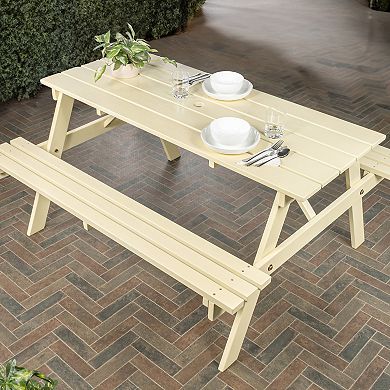 Bizepi Classic Eucalyptus Wood Outdoor Picnic Table with Built-In Benches and Umbrella Hole
