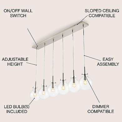 Harlow 40.5" 6-light Modern Contemporary Round Glass/iron Led Linear Pendant, Nickel/clear