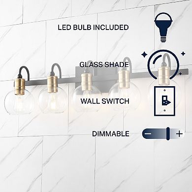 Marais 36.5" 5-light Iron/glass Rustic Vintage Led Vanity Light, Black/brass Gold