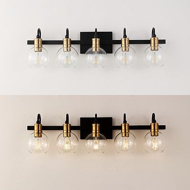 Marais 36.5" 5-light Iron/glass Rustic Vintage Led Vanity Light, Black/brass Gold