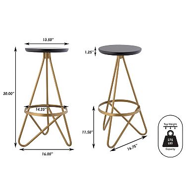 Spiroa 30" Modern Industrial Metal Backless Circular Bar Stool, Black Seat With Gold Frame