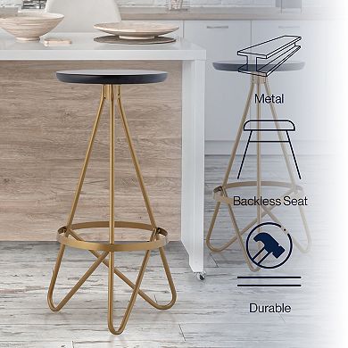 Spiroa 30" Modern Industrial Metal Backless Circular Bar Stool, Black Seat With Gold Frame