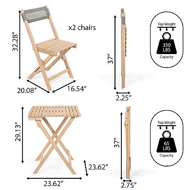 Sitges Modern Mid-century 3-piece Roped Acacia Wood Outdoor Folding Bistro Set