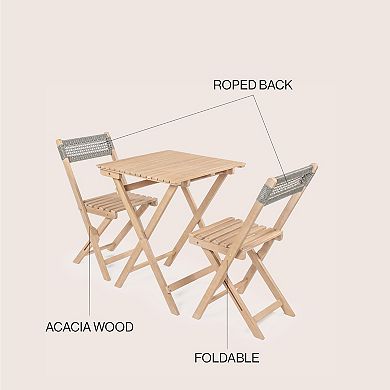Sitges Modern Mid-century 3-piece Roped Acacia Wood Outdoor Folding Bistro Set