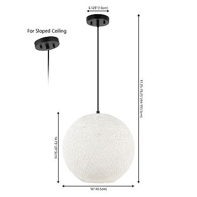 Lacey 16" 1-light Bohemian Minimalist Iron/rope Woven Globe Led Pendant, White/black
