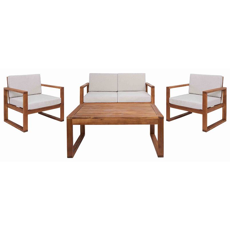Outdoor wooden patio furniture set with beige cushions including sofa and chairs