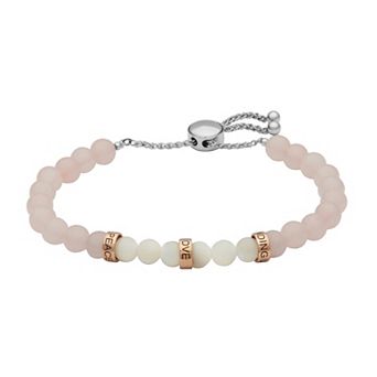 10k Rose Gold Over Silver Genuine Rose Quartz & Mother of Pearl Adjustable Bead Bracelet
