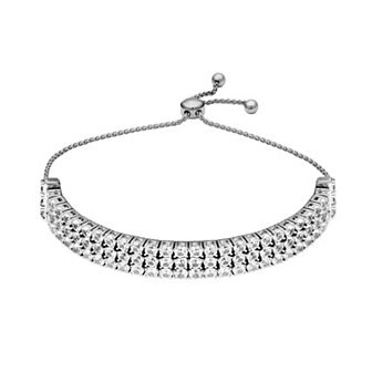 Rhodium-Plated Sterling Silver Lab-Created White Sapphire Wide Cuff Adjustable Bracelet