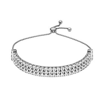 Rhodium-Plated Sterling Silver Lab-Created White Sapphire Wide Cuff Adjustable Bracelet