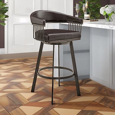 Swivel Barstool With Open Metal Frame And Slatted Arms