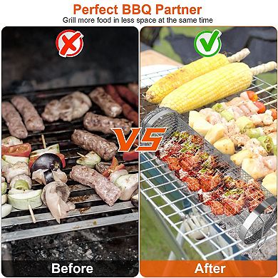 3.42x11.61'', Silver, Portable Bbq Rolling Basket Round Grill Net Set Of 2