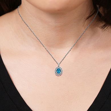 Sterling Silver Genuine Blue Topaz & Lab-Created White Sapphire Double Halo Pendant Necklace