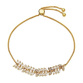 18k Gold Over Silver Lab-Created White Sapphire Leaf Adjustable Bracelet