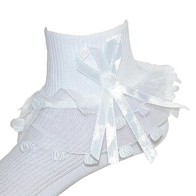Girls' Lace Ruffle Anklet Sock With Pearl Accent
