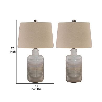 Ceramic Body Table Lamp With Brushed Details, Set Of 2, Beige And White