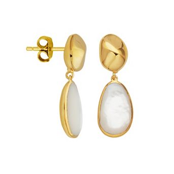 18k Gold Over Silver Genuine Mother of Pearl Pebble Drop Earrings
