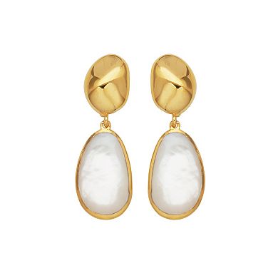 18k Gold Over Silver Genuine Mother of Pearl Pebble Drop Earrings