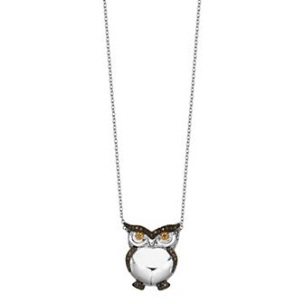 Rhodium-Plated Sterling Silver 1/8 Carat T.W. Diamond Owl Pendant Necklace