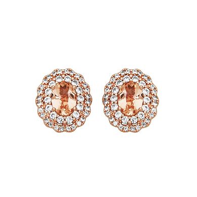 14k Rose Gold Over Silver Genuine Morganite & Lab-Created White Sapphire Double Halo Earrings