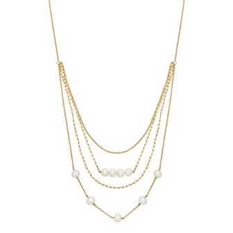 18k Gold Over Silver Cultured Freshwater Pearl Layered Necklace