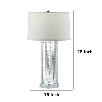 Jin 28 Inch Table Lamp, Gray Drum Fabric Shade, Modern Round Base, Silver
