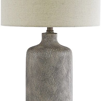 Textured Ceramic Frame Table Lamp With Fabric Shade, Gray And Off White