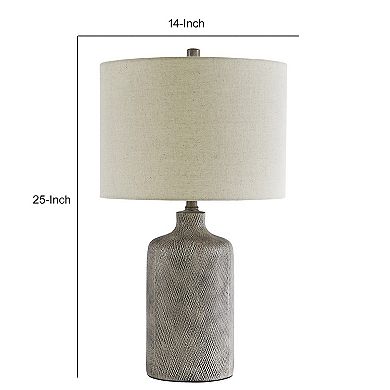 Textured Ceramic Frame Table Lamp With Fabric Shade, Gray And Off White