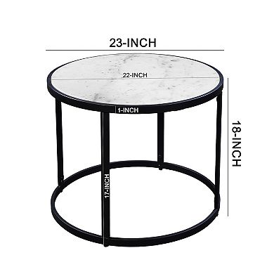 23 Inch Side End Table, Modern Round White Natural Marble Top, Classic Black Iron Frame