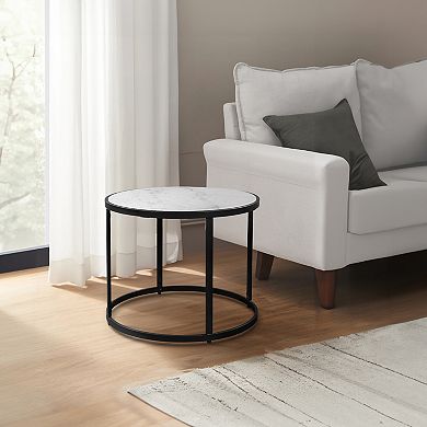 23 Inch Side End Table, Modern Round White Natural Marble Top, Classic Black Iron Frame
