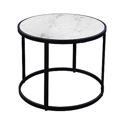 23 Inch Side End Table, Modern Round White Natural Marble Top, Classic Black Iron Frame