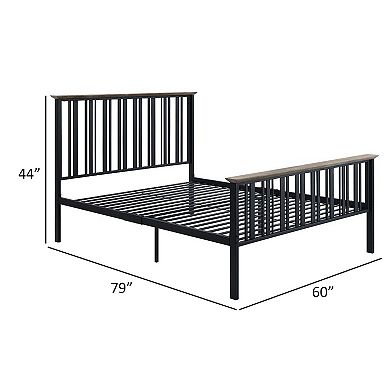 Nori Full Bed With Slatted Metal Frame, Mdf Wood, Oak Brown And Black