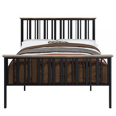 Nori Full Bed With Slatted Metal Frame, Mdf Wood, Oak Brown And Black