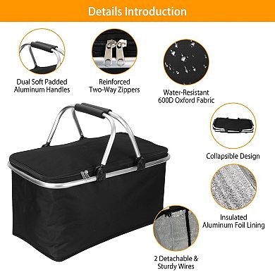 30l, Black, Insulated Picnic Basket Cooler W- Aluminum Handles