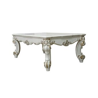 Jess 53 Inch Coffee Table, Traditional Scrolled Legs, Brushed Gold, White