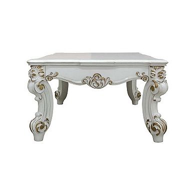 Jess 53 Inch Coffee Table, Traditional Scrolled Legs, Brushed Gold, White