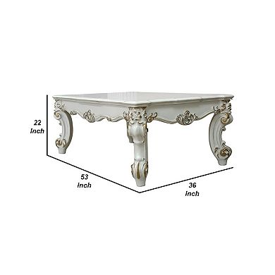 Jess 53 Inch Coffee Table, Traditional Scrolled Legs, Brushed Gold, White