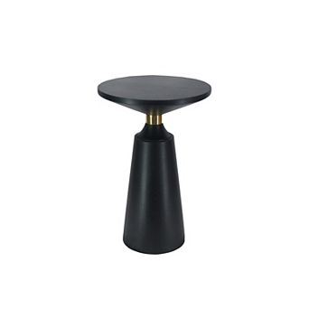 Fawn 20 Inch Side End Table, Black Mango Wood Round Top With Pedestal Base, Shiny Brass Support