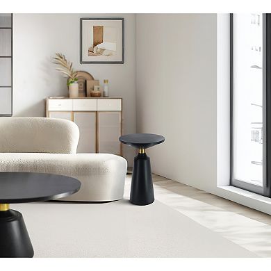 Fawn 20 Inch Side End Table, Black Mango Wood Round Top With Pedestal Base, Shiny Brass Support
