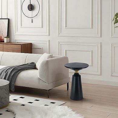 Fawn 20 Inch Side End Table, Black Mango Wood Round Top With Pedestal Base, Shiny Brass Support