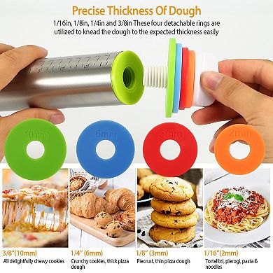 Dough Rolling Pin With Mat, 2.45x2.45x16.93'', Adjustable Rings, Baking Delight With Precision