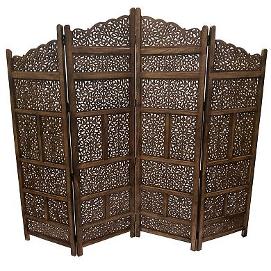 Benzara Hand Carved Foldable 4 Panel Wooden Partition Screen/RoomDivider,Brown