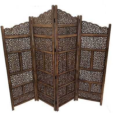 Benzara Hand Carved Foldable 4 Panel Wooden Partition Screen/RoomDivider,Brown