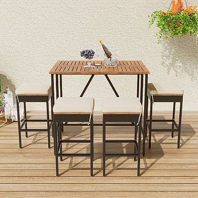 5-piece Outdoor Acacia Wood Bar Height Table And Four Stools With Cushions